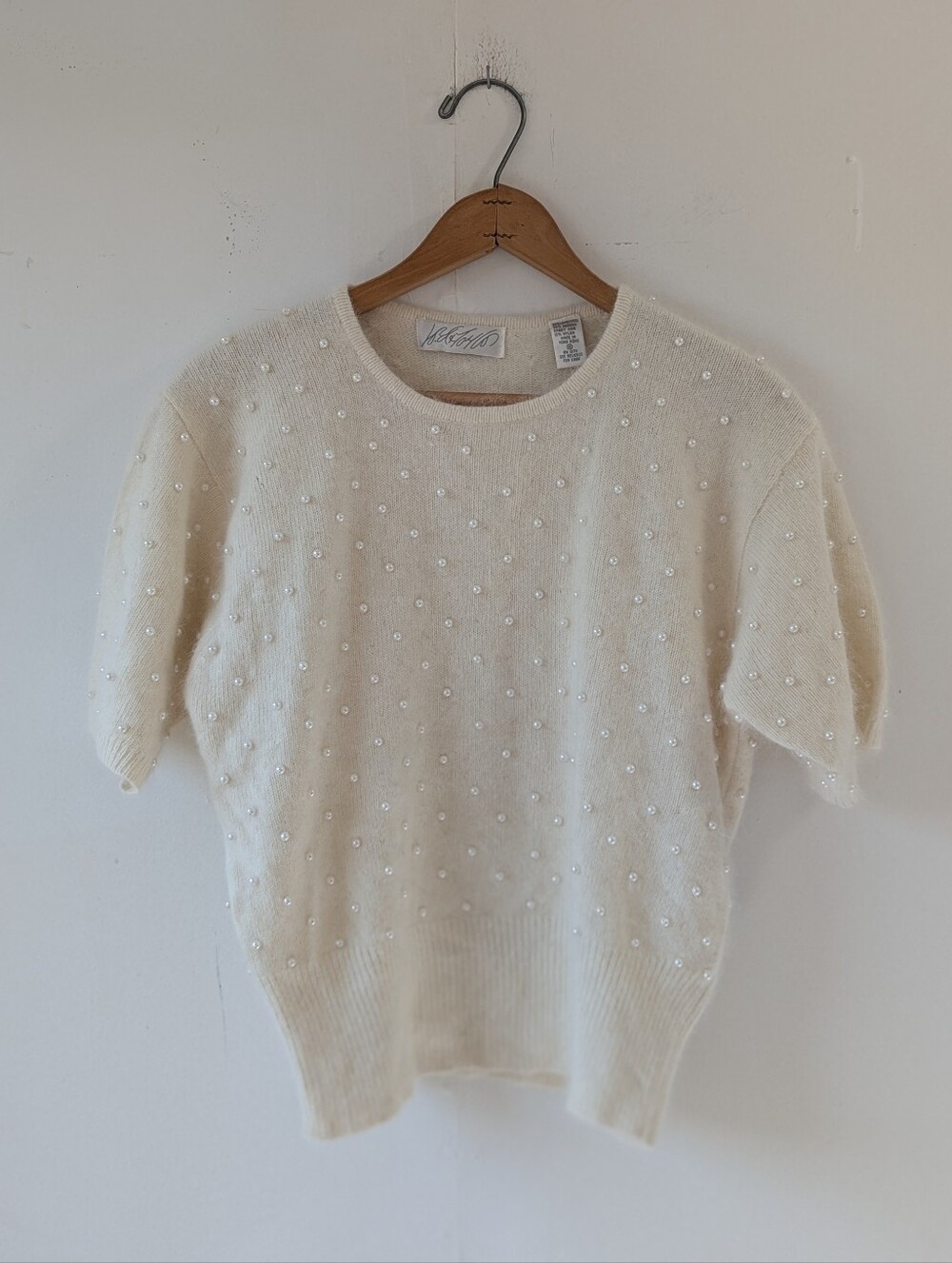 Lord & Taylor Vintage Cream Pearl-Accent Angora Blend Short Sleeve Sweater Med